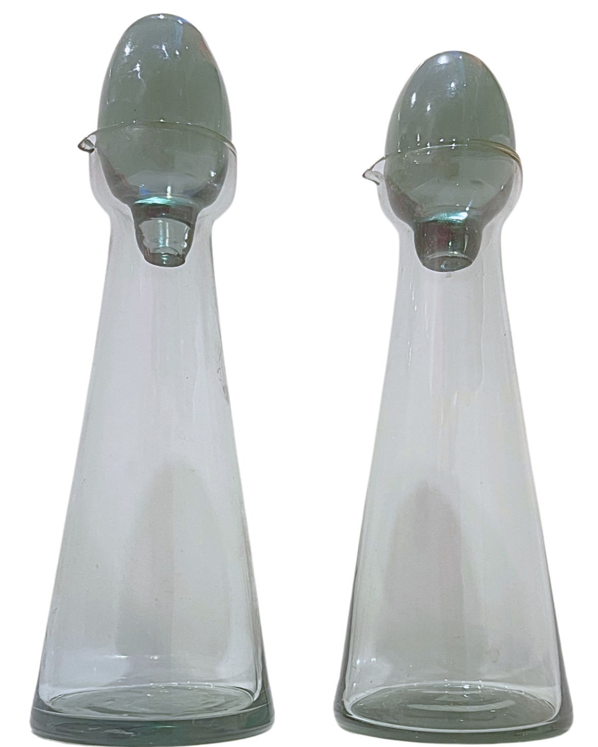 VINTAGE GLASS OIL & VINEGAR SET - GREEN - 6.5 X 2.25 IN